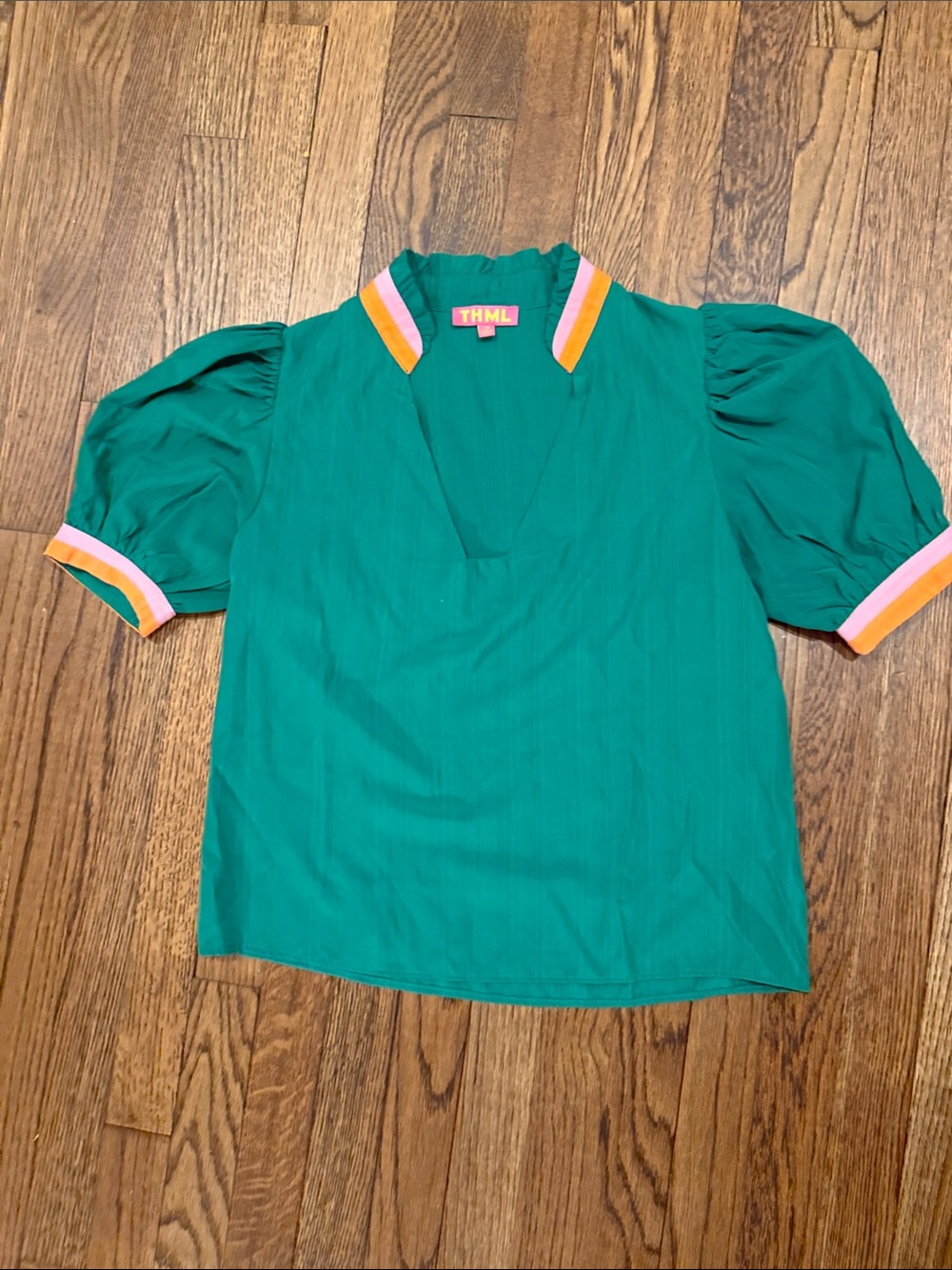 THML Emerald Green Puff Sleeve Top with Pink and Orange Trim